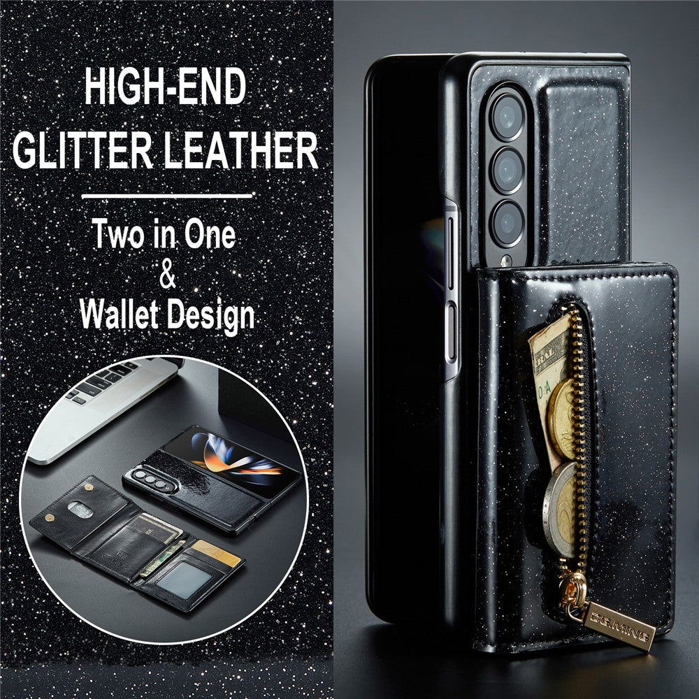 DG.MING M3-serien för Samsung Galaxy Z Fold3 5G 2-i-1 glittrigt PU-läderbelagt PC+TPU antikollisionsskyddande bakstycke magnetiskt avtagbart dragkedja plånboksfodral med stöd