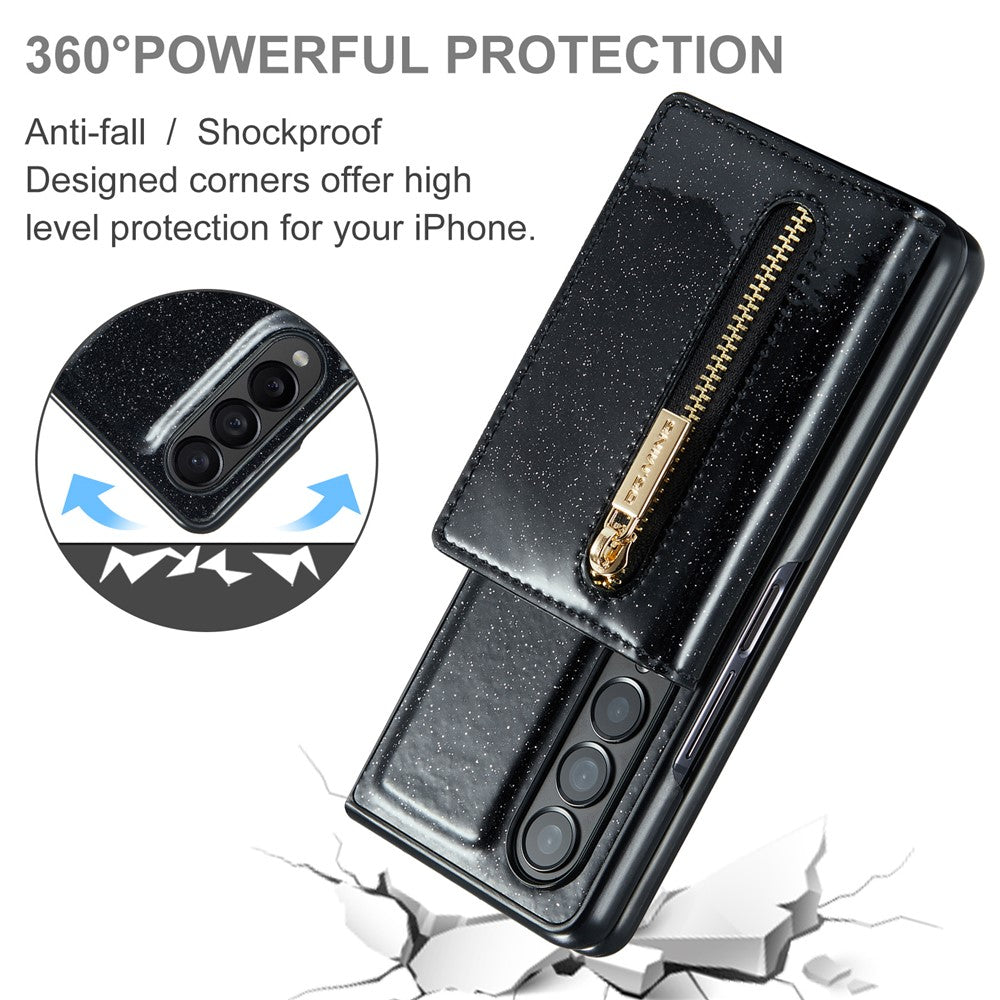 DG.MING M3-serien för Samsung Galaxy Z Fold3 5G 2-i-1 glittrigt PU-läderbelagt PC+TPU antikollisionsskyddande bakstycke magnetiskt avtagbart dragkedja plånboksfodral med stöd