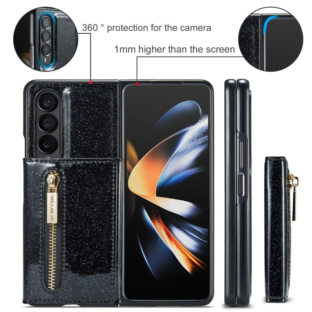DG.MING M3-serien för Samsung Galaxy Z Fold3 5G 2-i-1 glittrigt PU-läderbelagt PC+TPU antikollisionsskyddande bakstycke magnetiskt avtagbart dragkedja plånboksfodral med stöd