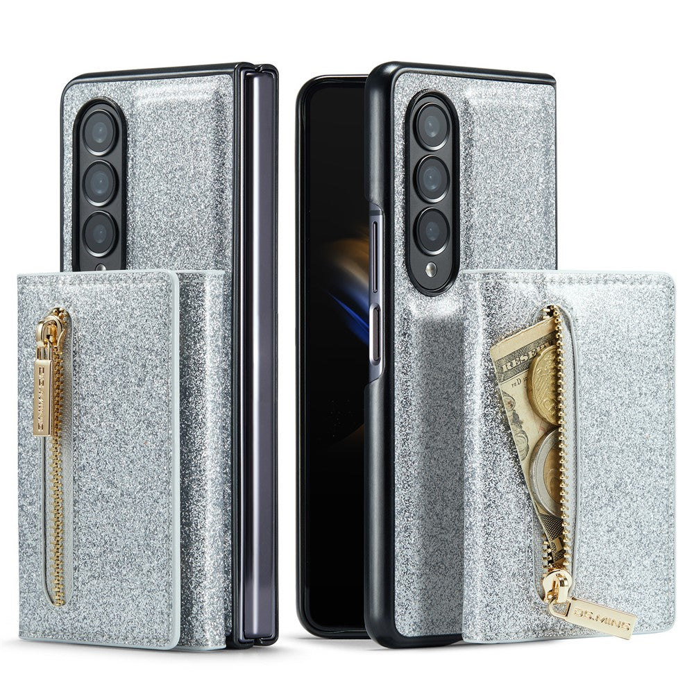 DG.MING M3-serien för Samsung Galaxy Z Fold3 5G 2-i-1 glittrigt PU-läderbelagt PC+TPU antikollisionsskyddande bakstycke magnetiskt avtagbart dragkedja plånboksfodral med stöd