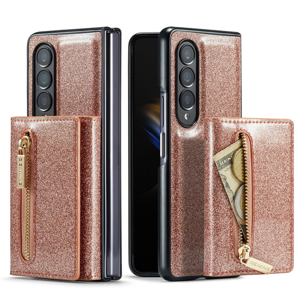 DG.MING M3-serien för Samsung Galaxy Z Fold3 5G 2-i-1 glittrigt PU-läderbelagt PC+TPU antikollisionsskyddande bakstycke magnetiskt avtagbart dragkedja plånboksfodral med stöd