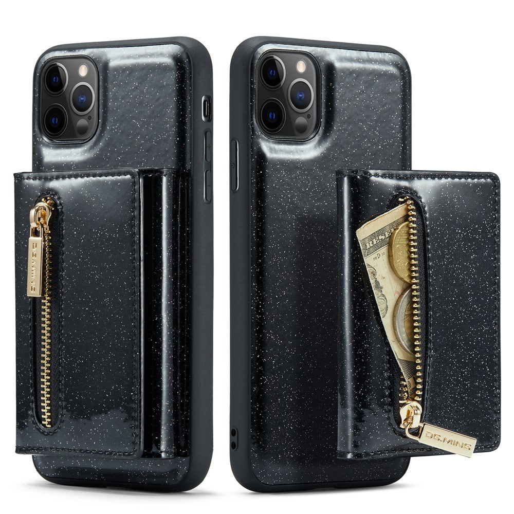 DG.MING M3 Series For iPhone 11 Pro Max 6.5 inch Shockproof 2-in-1 Glitter Sparkly Magnetic Detachable Zipper Pocket Cover Kickstand PU Leather Coated PC+TPU Protective Phone Case