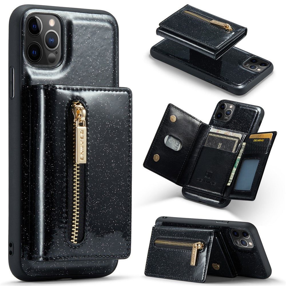 DG.MING M3 Series For iPhone 11 Pro Max 6.5 inch Shockproof 2-in-1 Glitter Sparkly Magnetic Detachable Zipper Pocket Cover Kickstand PU Leather Coated PC+TPU Protective Phone Case