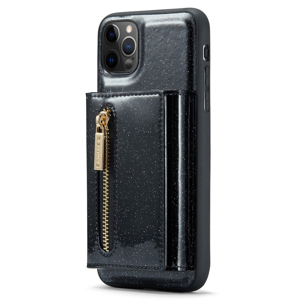 DG.MING M3 Series For iPhone 11 Pro Max 6.5 inch Shockproof 2-in-1 Glitter Sparkly Magnetic Detachable Zipper Pocket Cover Kickstand PU Leather Coated PC+TPU Protective Phone Case