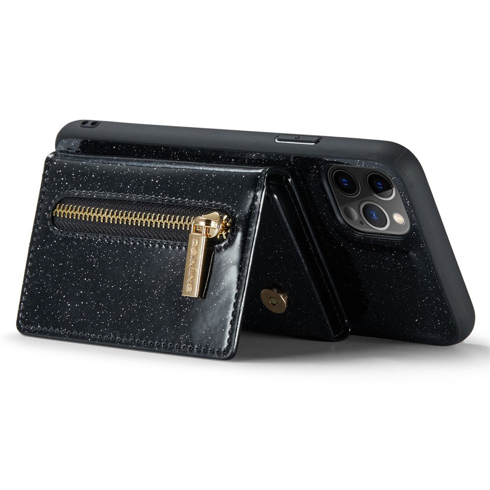 DG.MING M3 Series For iPhone 11 Pro Max 6.5 inch Shockproof 2-in-1 Glitter Sparkly Magnetic Detachable Zipper Pocket Cover Kickstand PU Leather Coated PC+TPU Protective Phone Case