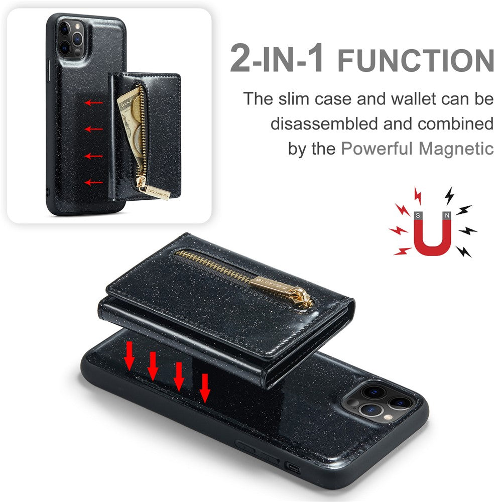 DG.MING M3 Series For iPhone 11 Pro Max 6.5 inch Shockproof 2-in-1 Glitter Sparkly Magnetic Detachable Zipper Pocket Cover Kickstand PU Leather Coated PC+TPU Protective Phone Case