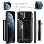 DG.MING M3 Series For iPhone 11 Pro Max 6.5 inch Shockproof 2-in-1 Glitter Sparkly Magnetic Detachable Zipper Pocket Cover Kickstand PU Leather Coated PC+TPU Protective Phone Case