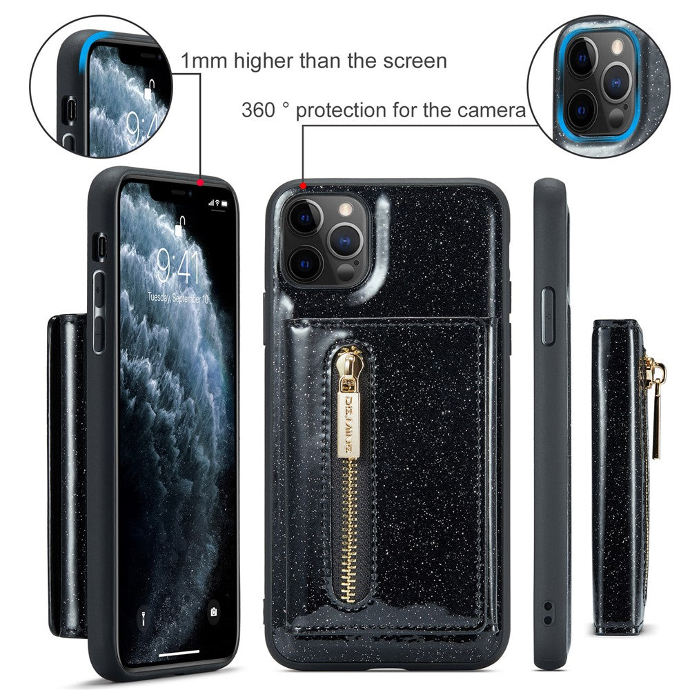 DG.MING M3 Series For iPhone 11 Pro Max 6.5 inch Shockproof 2-in-1 Glitter Sparkly Magnetic Detachable Zipper Pocket Cover Kickstand PU Leather Coated PC+TPU Protective Phone Case