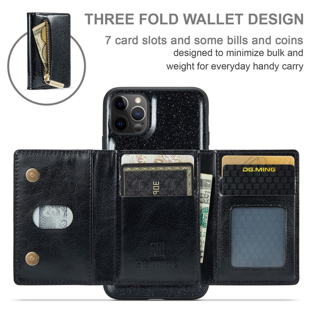 DG.MING M3 Series For iPhone 11 Pro Max 6.5 inch Shockproof 2-in-1 Glitter Sparkly Magnetic Detachable Zipper Pocket Cover Kickstand PU Leather Coated PC+TPU Protective Phone Case