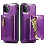 DG.MING M3 Series For iPhone 11 Pro Max 6.5 inch Shockproof 2-in-1 Glitter Sparkly Magnetic Detachable Zipper Pocket Cover Kickstand PU Leather Coated PC+TPU Protective Phone Case