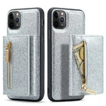 DG.MING M3 Series For iPhone 11 Pro Max 6.5 inch Shockproof 2-in-1 Glitter Sparkly Magnetic Detachable Zipper Pocket Cover Kickstand PU Leather Coated PC+TPU Protective Phone Case