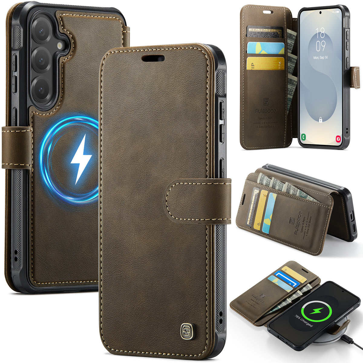 AUTSPACE for Samsung Galaxy S26 FE A15 Case RFID Blocking Wallet Leather Magnetic Phone Cover