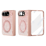 For iPhone Fold Magnetic Case Rotating Kickstand Glitter PU Leather + PC Phone Cover with Screen Protector