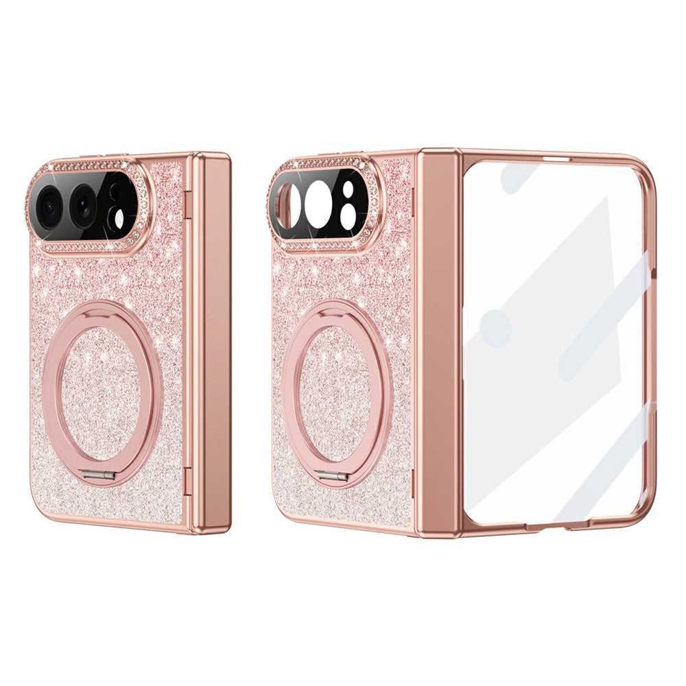 For iPhone Fold Magnetic Case Rotating Kickstand Glitter PU Leather + PC Phone Cover with Screen Protector