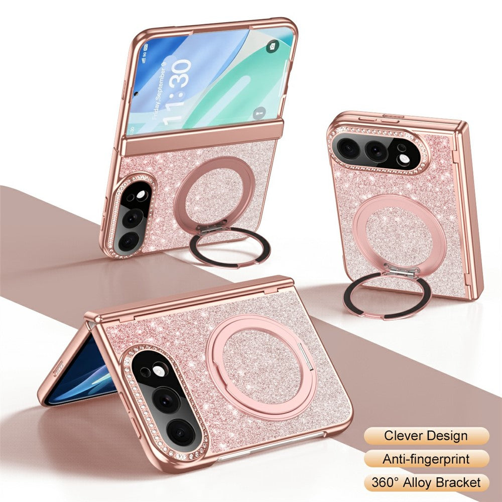 For iPhone Fold Magnetic Case Rotating Kickstand Glitter PU Leather + PC Phone Cover with Screen Protector