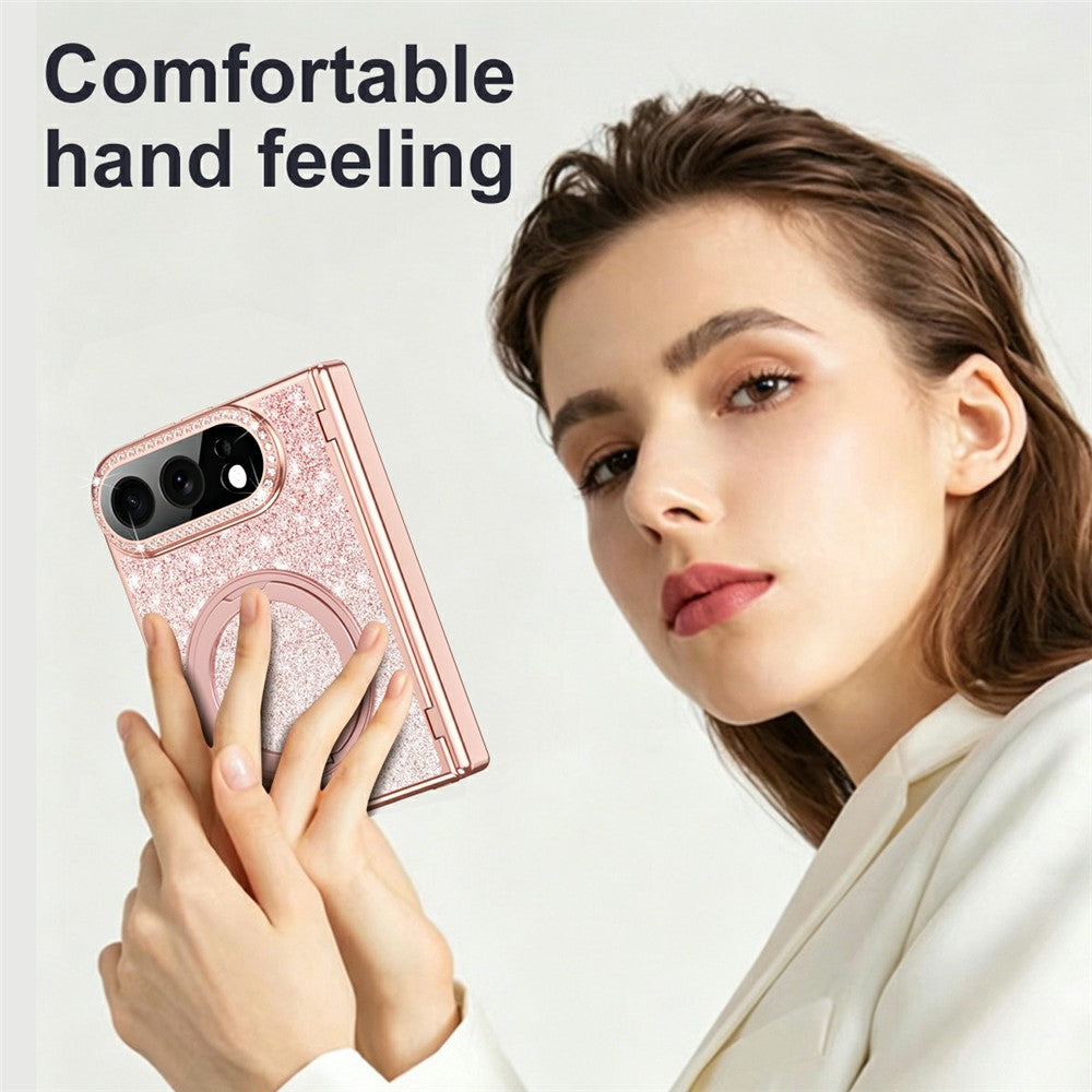 For iPhone Fold Magnetic Case Rotating Kickstand Glitter PU Leather + PC Phone Cover with Screen Protector