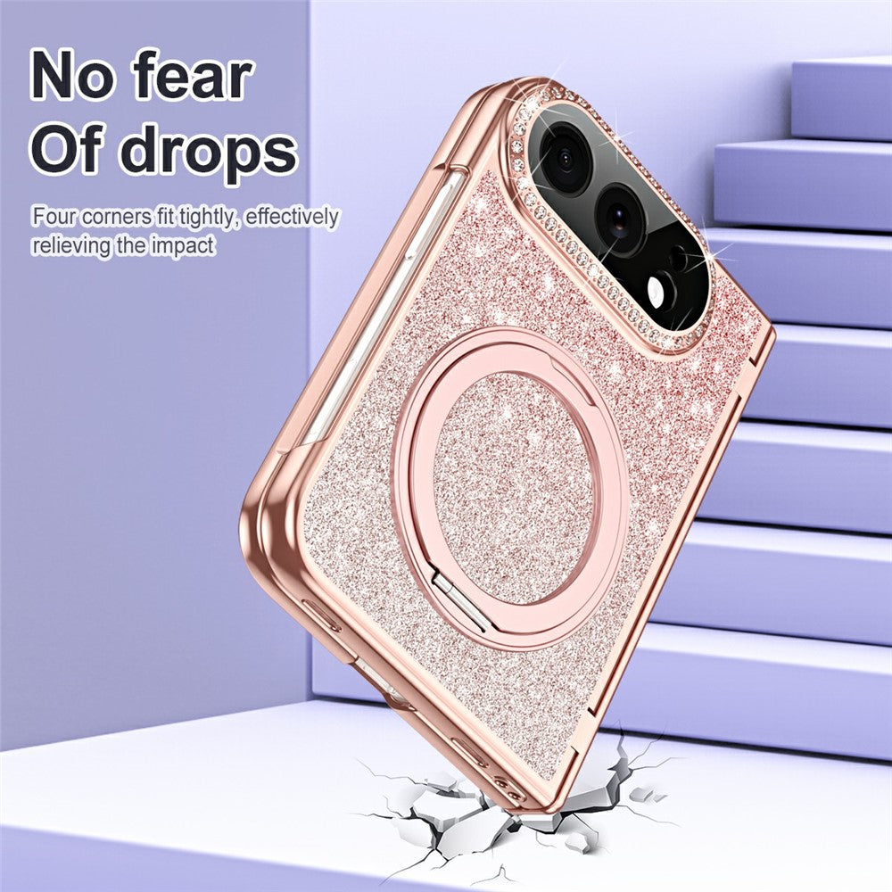 For iPhone Fold Magnetic Case Rotating Kickstand Glitter PU Leather + PC Phone Cover with Screen Protector