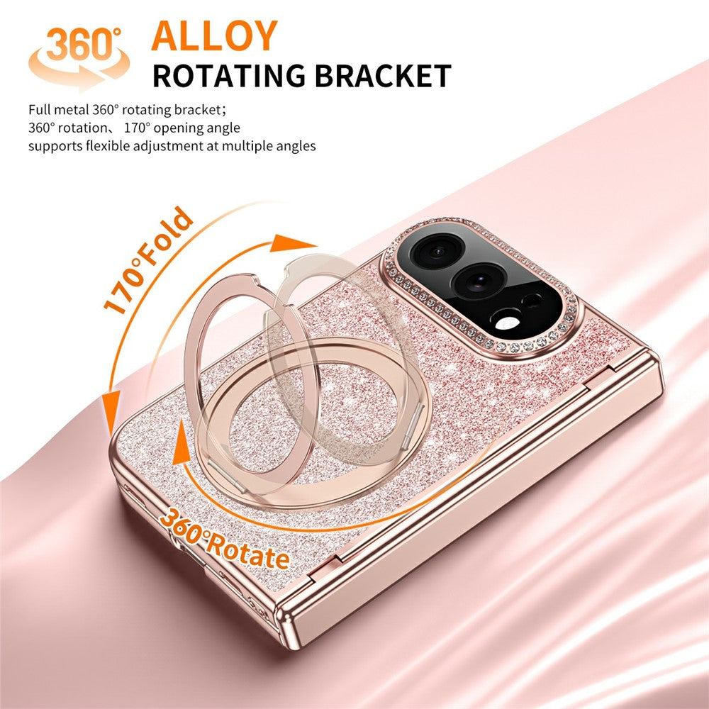 For iPhone Fold Magnetic Case Rotating Kickstand Glitter PU Leather + PC Phone Cover with Screen Protector