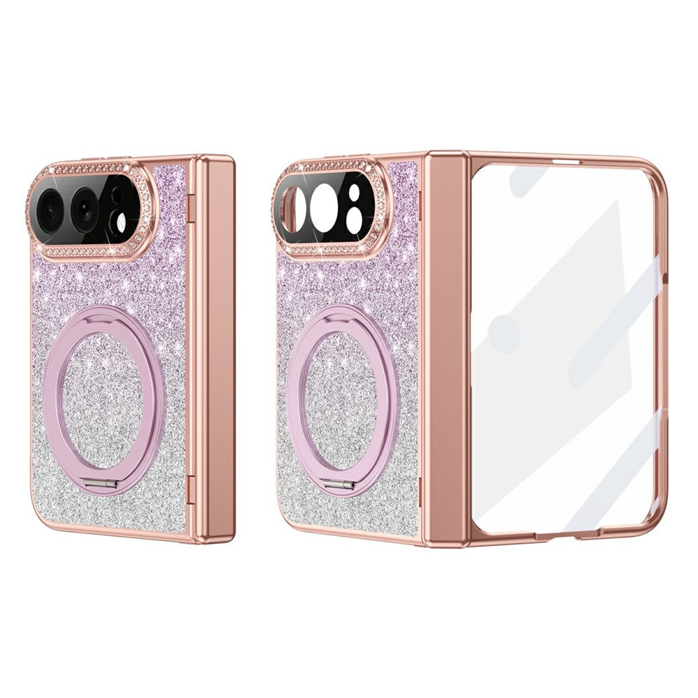 For iPhone Fold Magnetic Case Rotating Kickstand Glitter PU Leather + PC Phone Cover with Screen Protector