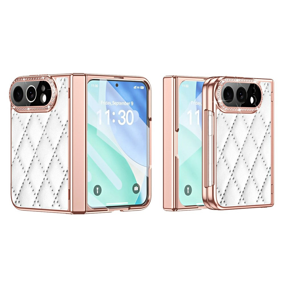 For iPhone Fold Case Rhinestone Decor Leather + PC Rhombus Phone Cover with Tempered Glass Film