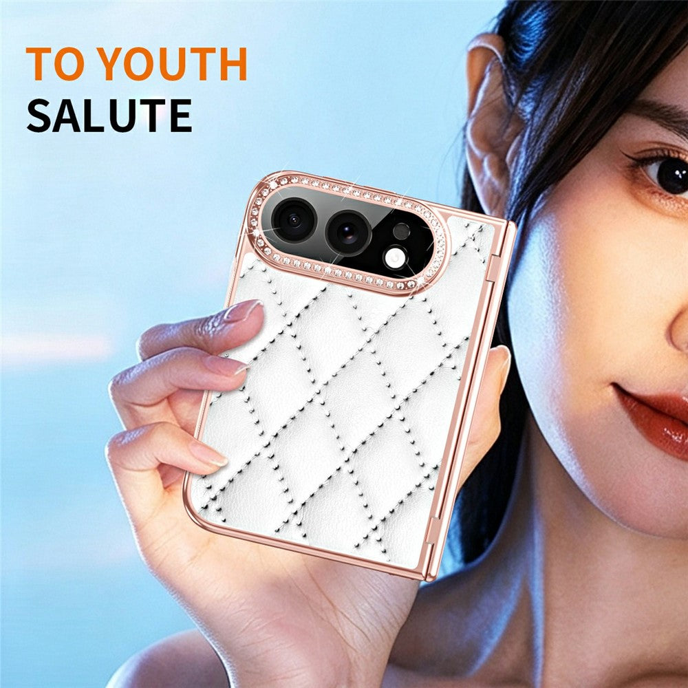 For iPhone Fold Case Rhinestone Decor Leather + PC Rhombus Phone Cover with Tempered Glass Film