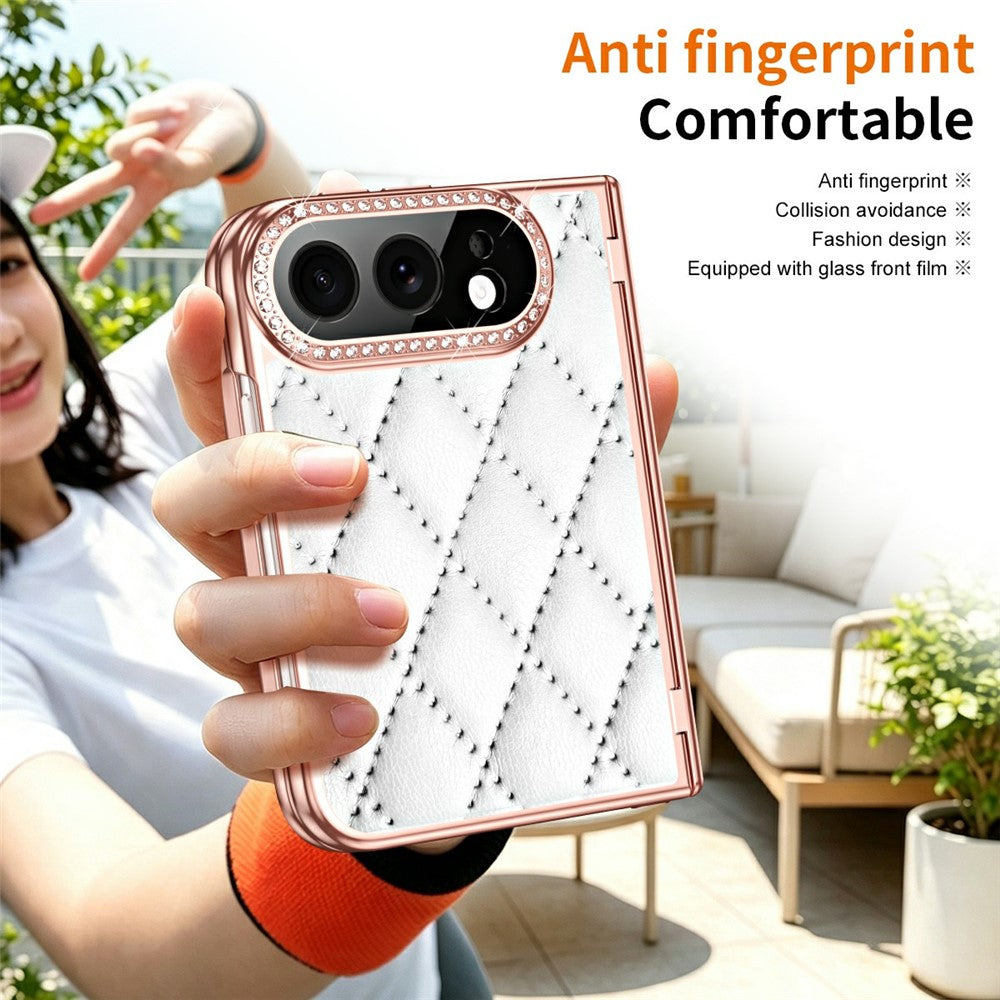 For iPhone Fold Case Rhinestone Decor Leather + PC Rhombus Phone Cover with Tempered Glass Film