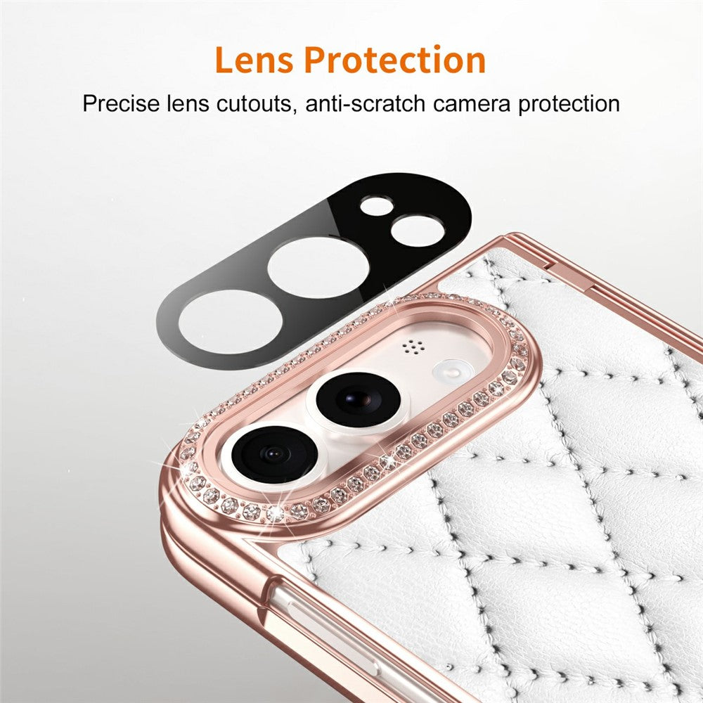 For iPhone Fold Case Rhinestone Decor Leather + PC Rhombus Phone Cover with Tempered Glass Film
