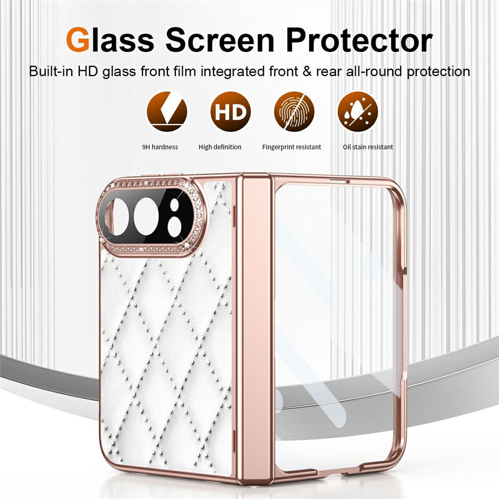 For iPhone Fold Case Rhinestone Decor Leather + PC Rhombus Phone Cover with Tempered Glass Film