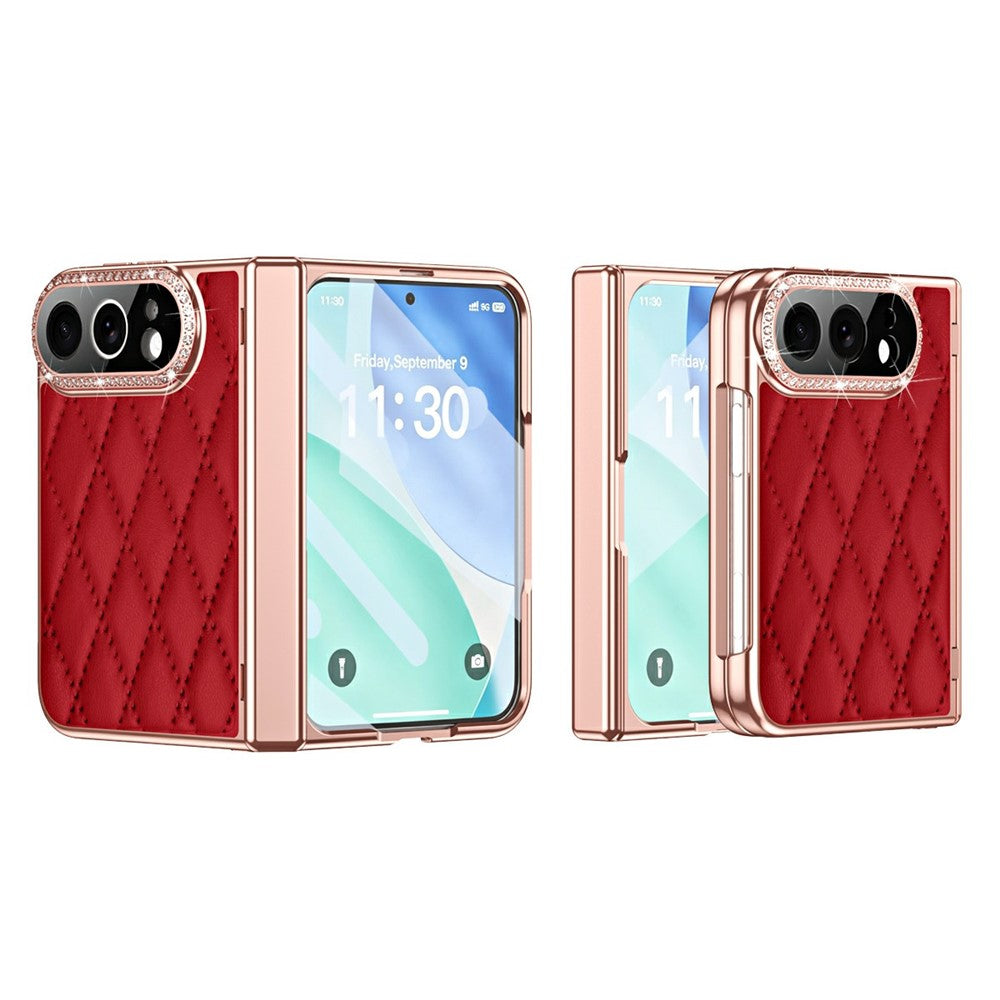 For iPhone Fold Case Rhinestone Decor Leather + PC Rhombus Phone Cover with Tempered Glass Film