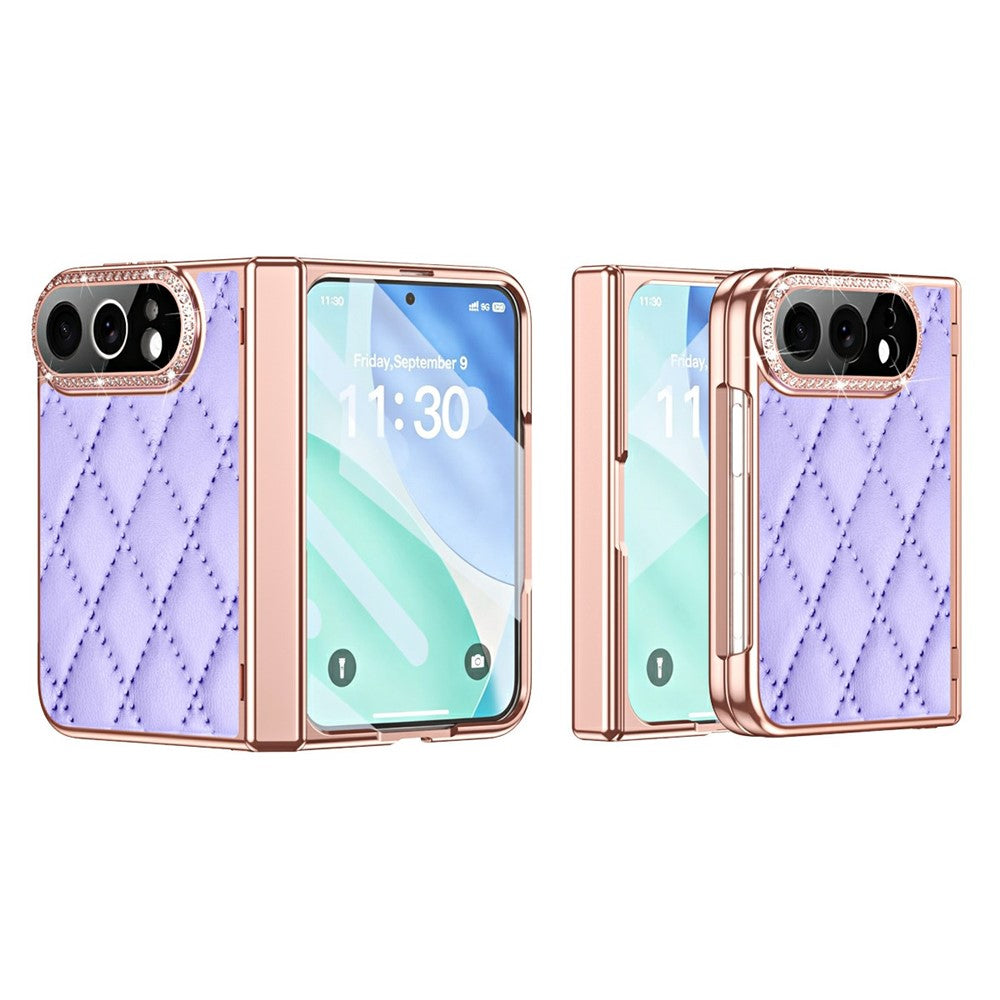 For iPhone Fold Case Rhinestone Decor Leather + PC Rhombus Phone Cover with Tempered Glass Film
