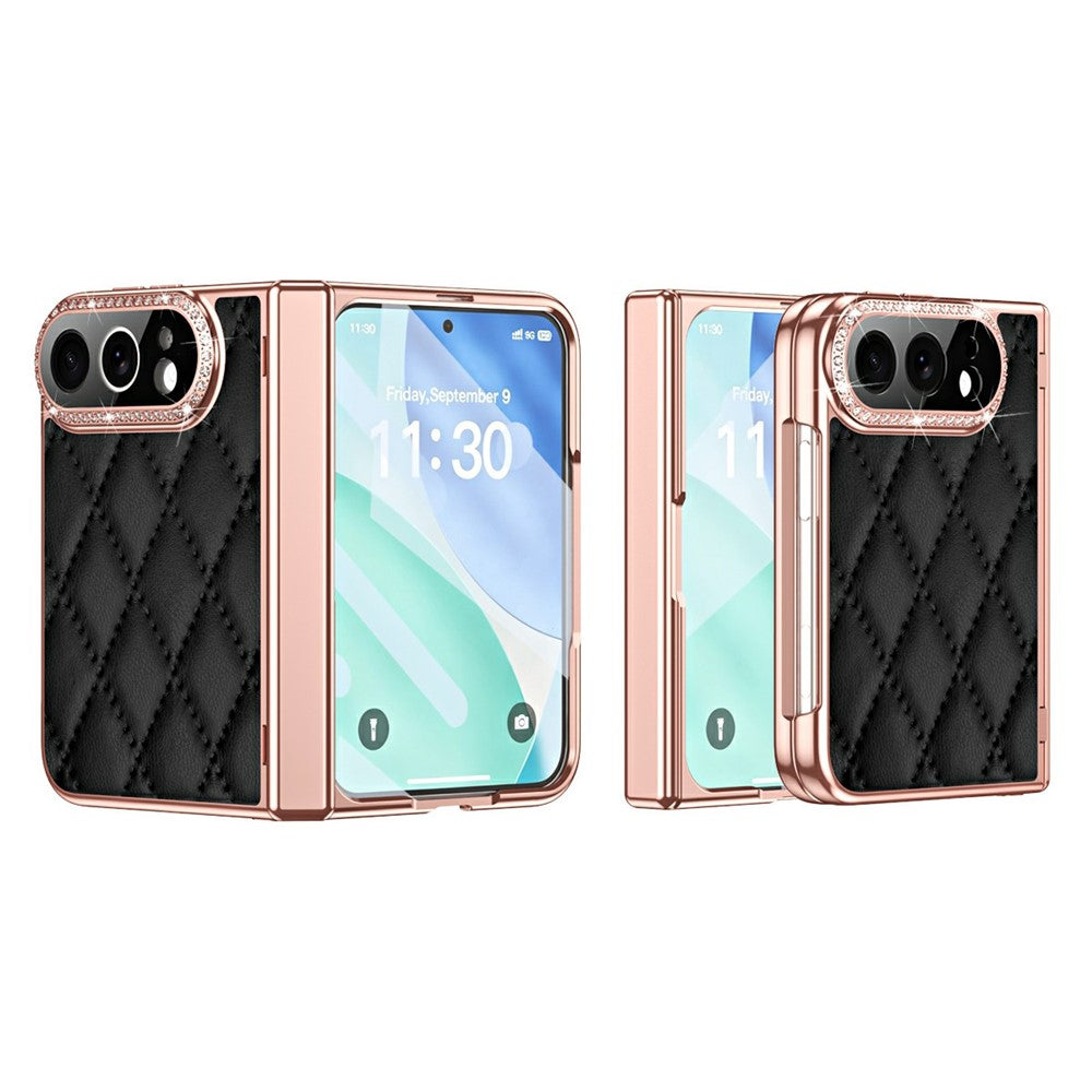 For iPhone Fold Case Rhinestone Decor Leather + PC Rhombus Phone Cover with Tempered Glass Film