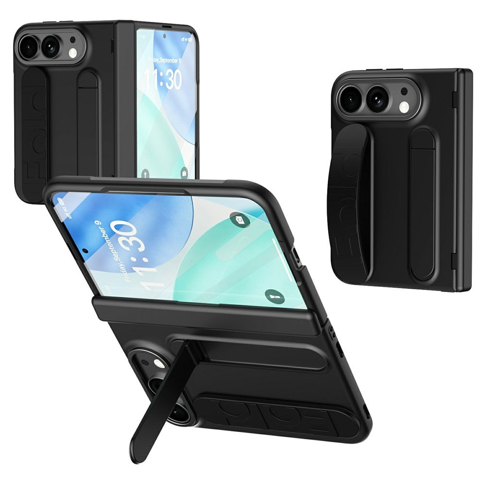 For iPhone Fold Case Kickstand Wristband PC Phone Cover with Tempered Glass Film