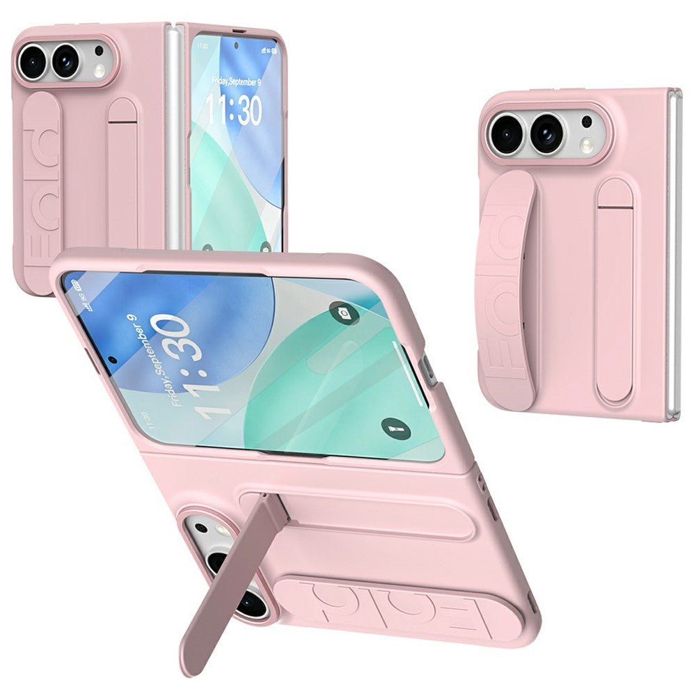 For iPhone Fold Case Kickstand Wristband PC Phone Cover with Tempered Glass Film