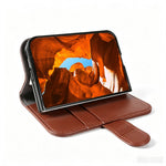 For iPhone Fold Case Genuine Split Leather Phone Cover with Wallet Stand