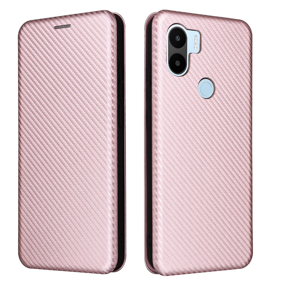 Til Xiaomi Redmi A1+ 4G / A2+ 4G / Poco C50 4G ridsefast PU-lædertelefonetui med kortslot, stativ, kulfibertekstur og magnetisk flipcover