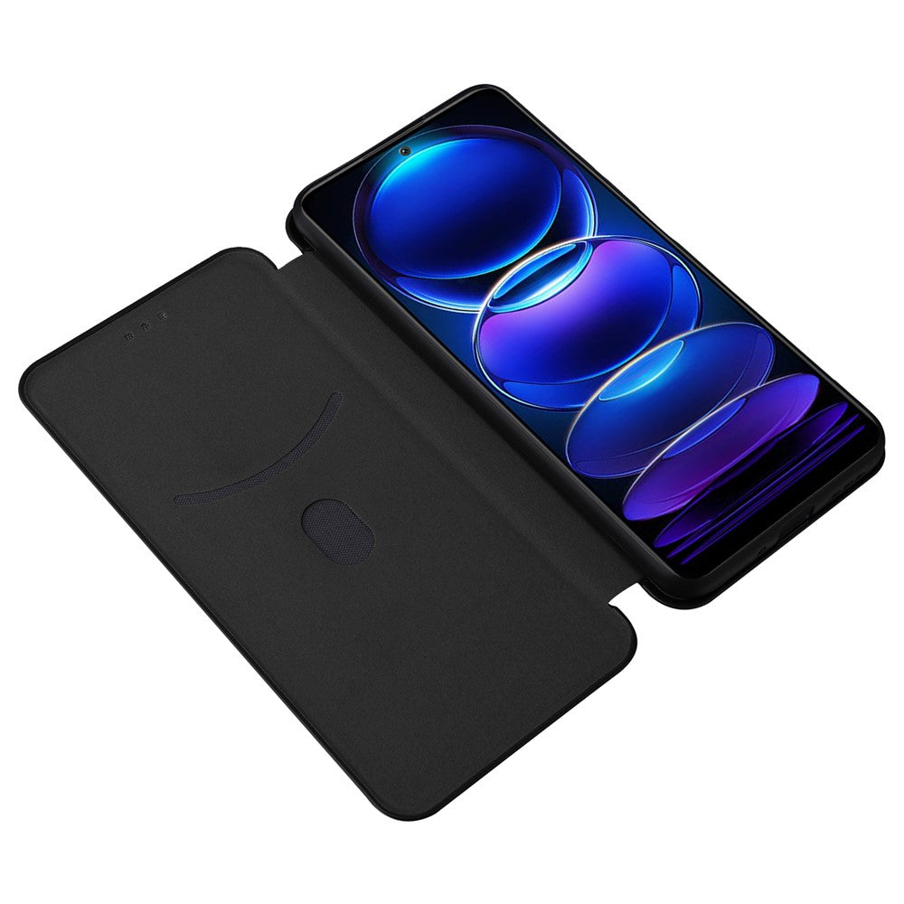 Xiaomi Redmi Note 12 5G (Global) / (Indien) / (Kina) / Poco X5 5G Kolfibertextur Magnetiskt PU-läder mobilskal Kortplats Stativ Flipfodral