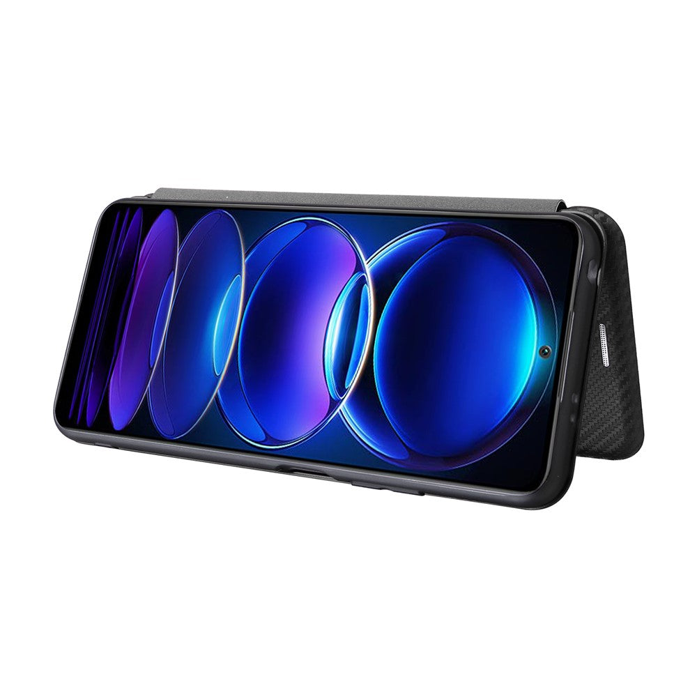 Xiaomi Redmi Note 12 5G (Global) / (Indien) / (Kina) / Poco X5 5G Kolfibertextur Magnetiskt PU-läder mobilskal Kortplats Stativ Flipfodral