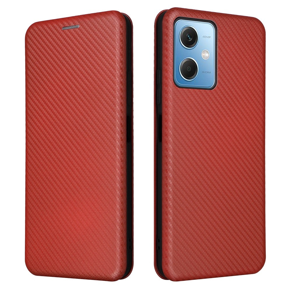 Mobilcover i PU-læder med kulfibertekstur til Xiaomi Redmi Note 12 5G (Global) / (Indien) / (Kina) / Poco X5 5G, magnetisk, med kortplads, stativ og flipetui