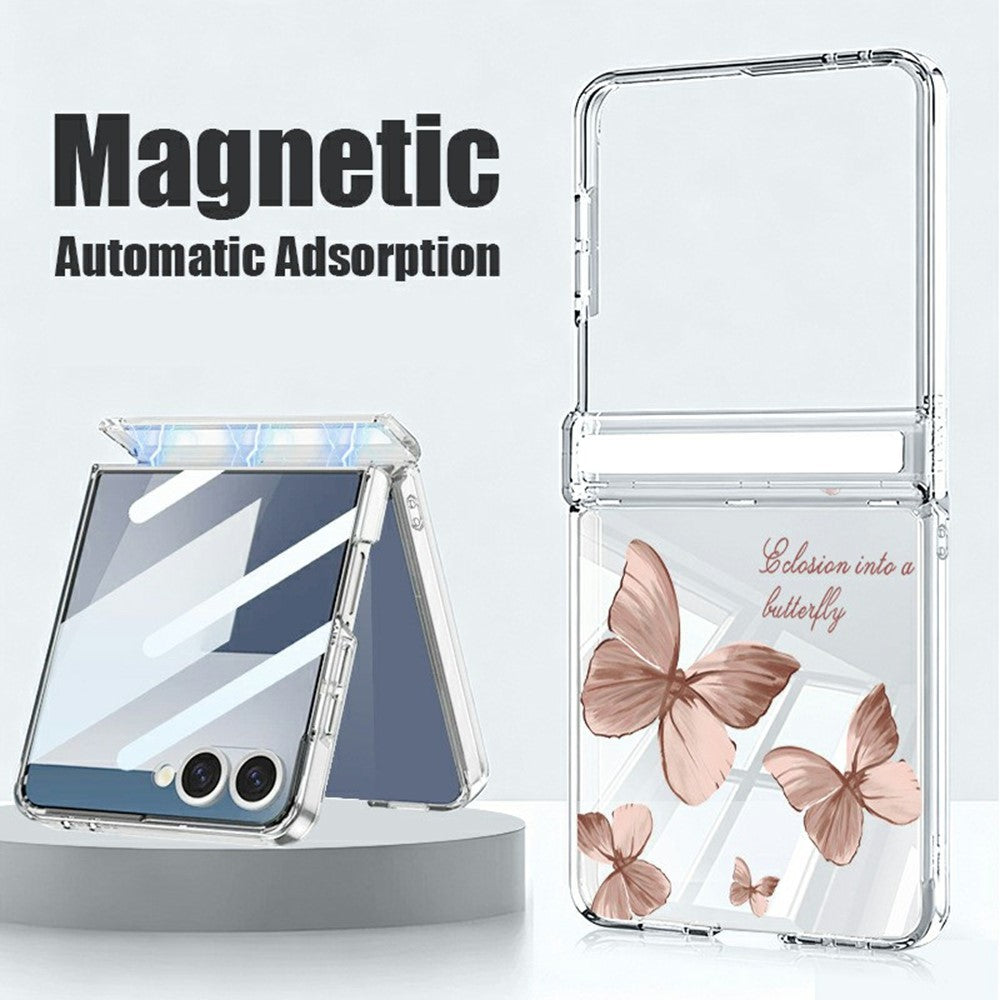 For Samsung Galaxy Z Flip7 5G Case Magnetic Hinge Butterfly Pattern High Transparent PC Hard Phone Cover