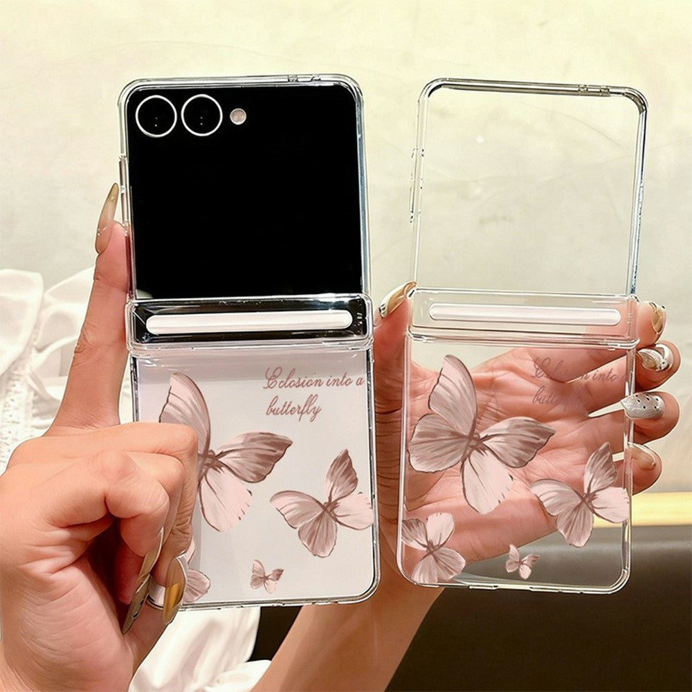 For Samsung Galaxy Z Flip7 5G Case Magnetic Hinge Butterfly Pattern High Transparent PC Hard Phone Cover