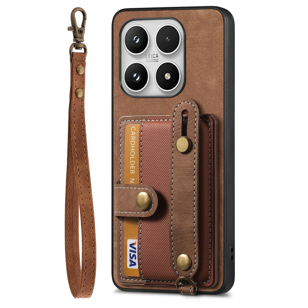 For Xiaomi 17 Case Wristband Kickstand Retro PU Leather Back Phone Cover with Card Holder + Tempered Glass Screen Protector