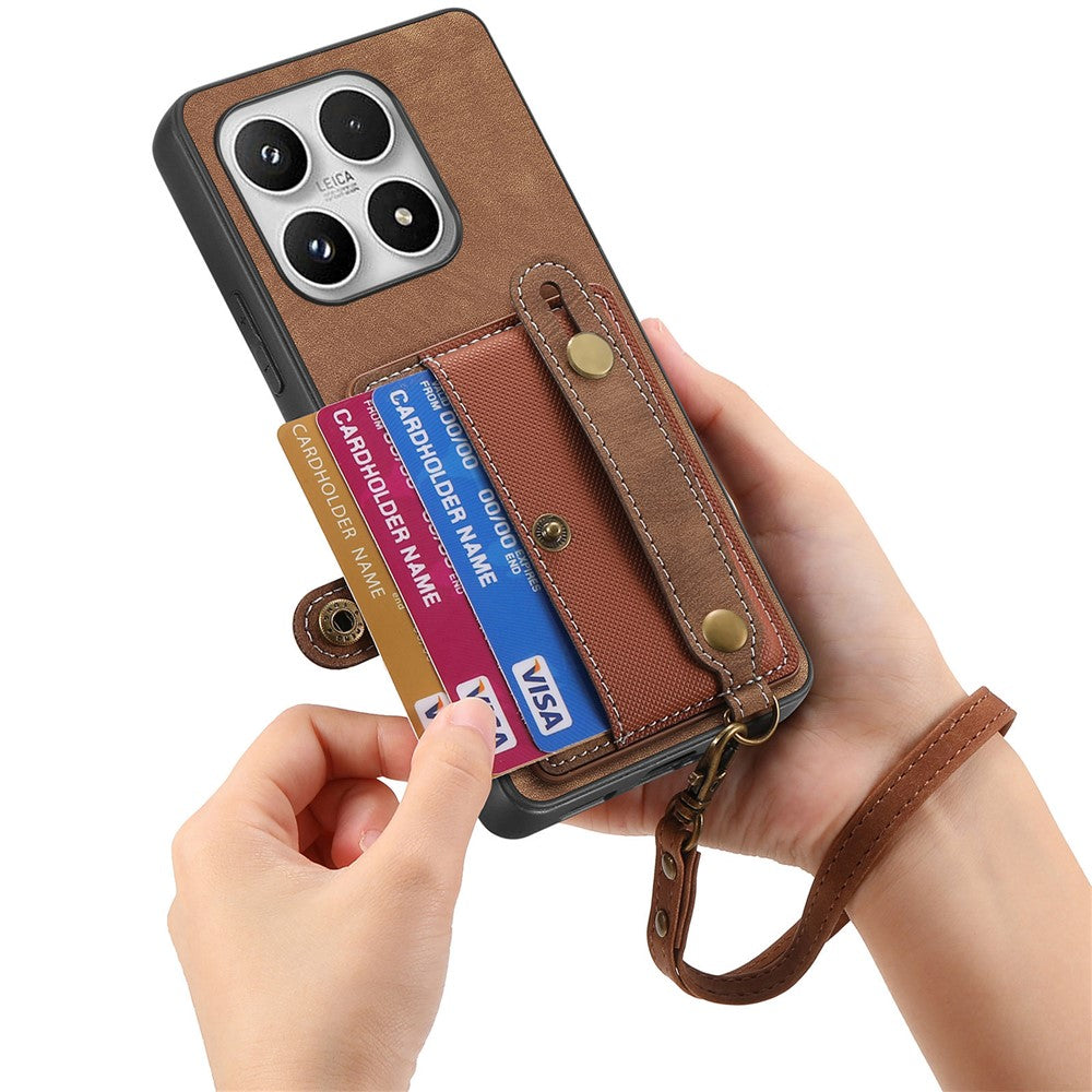 For Xiaomi 17 Case Wristband Kickstand Retro PU Leather Back Phone Cover with Card Holder + Tempered Glass Screen Protector