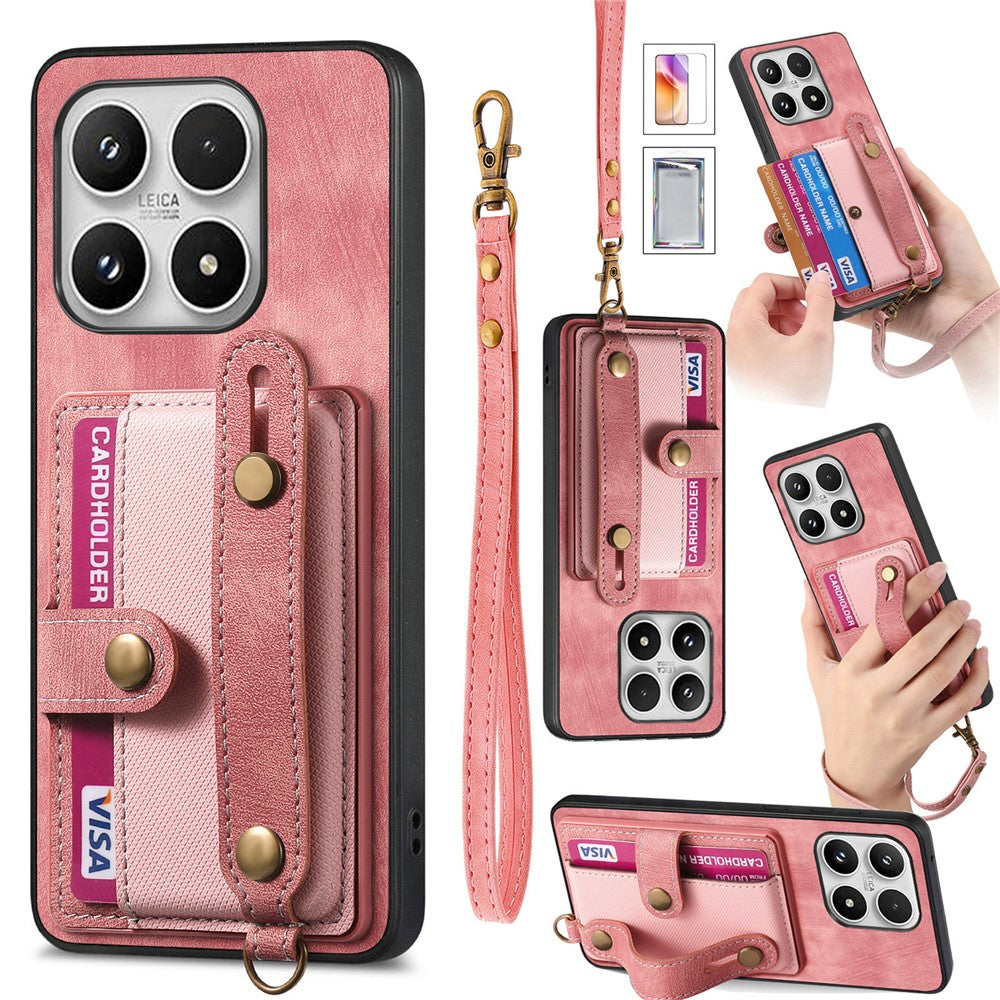For Xiaomi 17 Case Wristband Kickstand Retro PU Leather Back Phone Cover with Card Holder + Tempered Glass Screen Protector