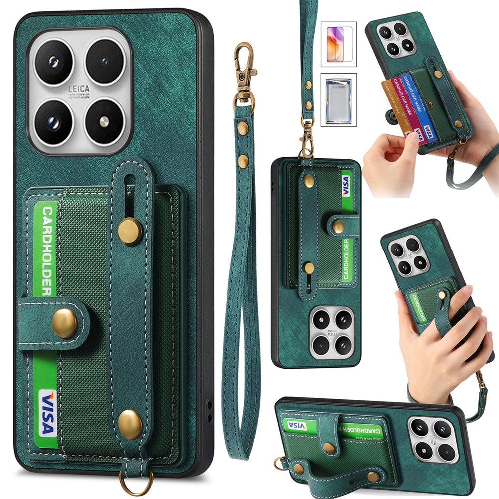 For Xiaomi 17 Case Wristband Kickstand Retro PU Leather Back Phone Cover with Card Holder + Tempered Glass Screen Protector