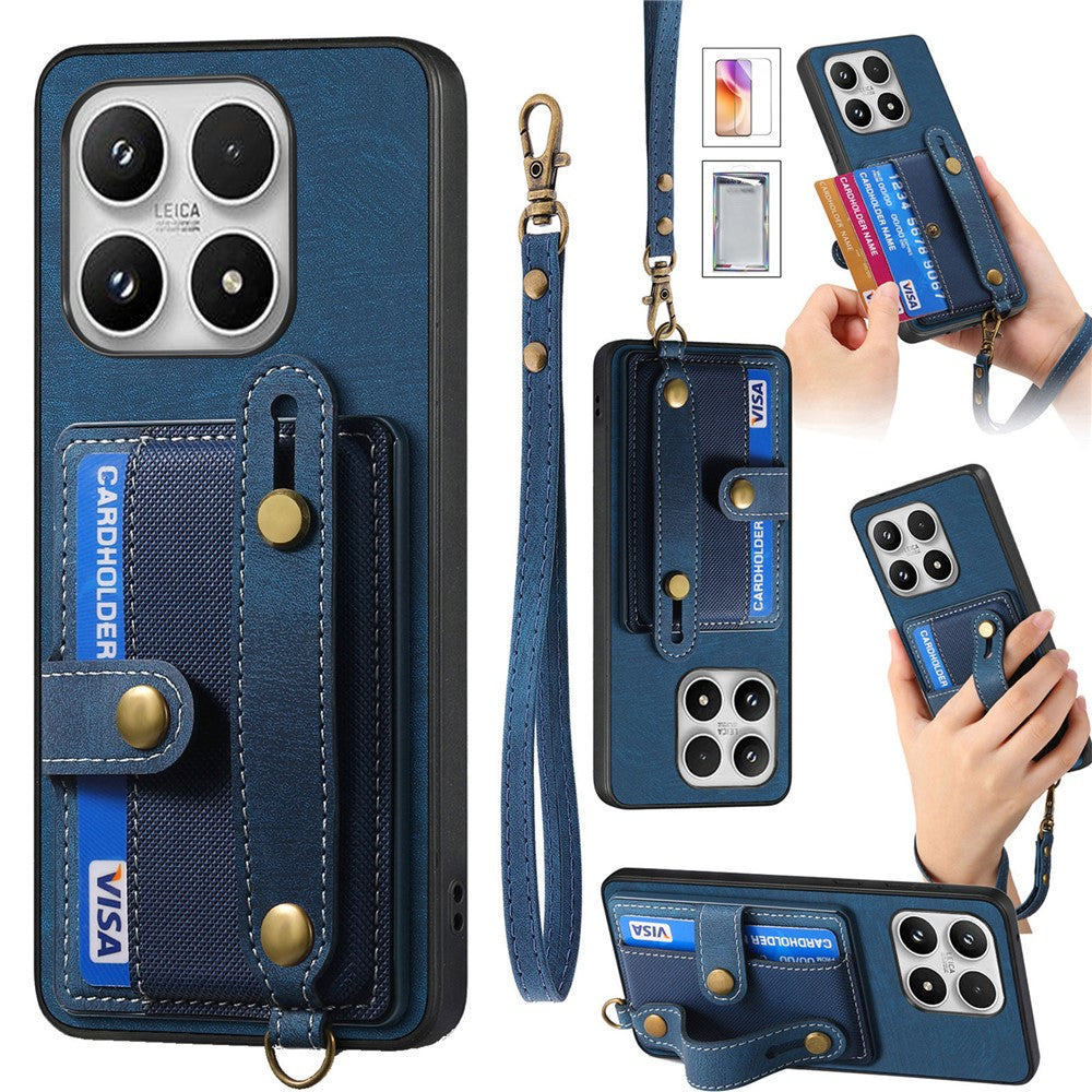For Xiaomi 17 Case Wristband Kickstand Retro PU Leather Back Phone Cover with Card Holder + Tempered Glass Screen Protector