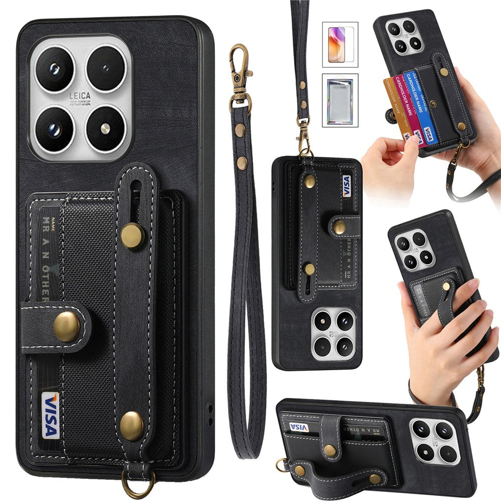 For Xiaomi 17 Case Wristband Kickstand Retro PU Leather Back Phone Cover with Card Holder + Tempered Glass Screen Protector