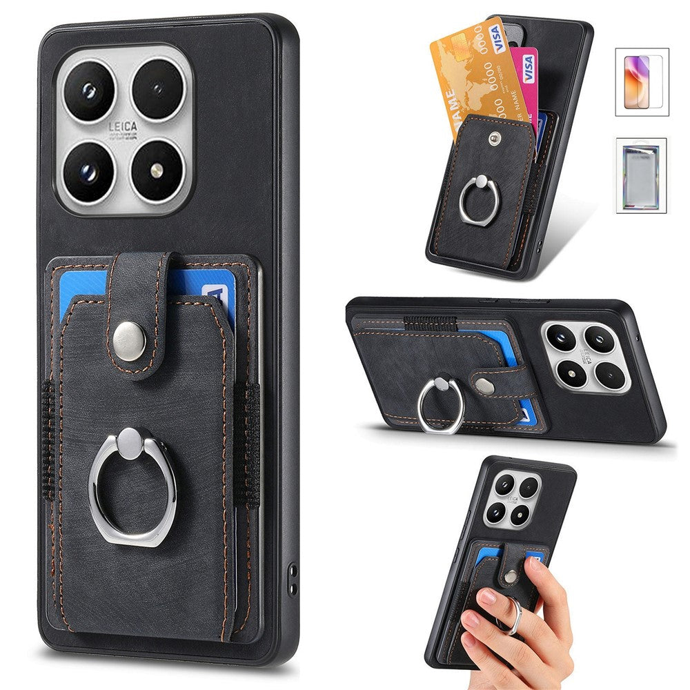 For Xiaomi 17 Case with Tempered Glass Screen Protector Card Slots PU Leather Ring Holder Kickstand Back Cover
