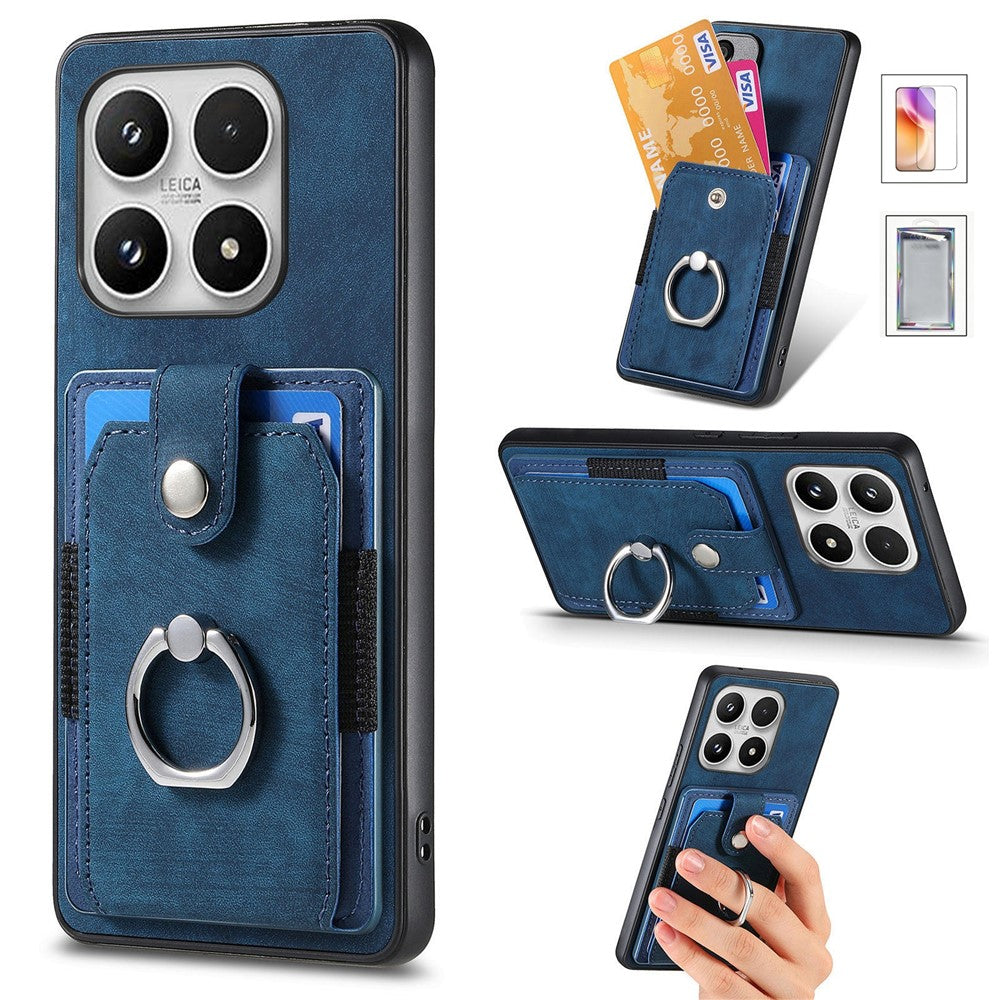 For Xiaomi 17 Case with Tempered Glass Screen Protector Card Slots PU Leather Ring Holder Kickstand Back Cover