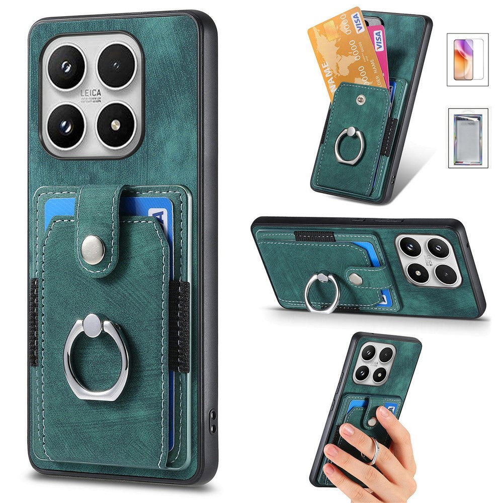 For Xiaomi 17 Case with Tempered Glass Screen Protector Card Slots PU Leather Ring Holder Kickstand Back Cover