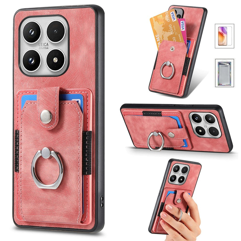 For Xiaomi 17 Case with Tempered Glass Screen Protector Card Slots PU Leather Ring Holder Kickstand Back Cover